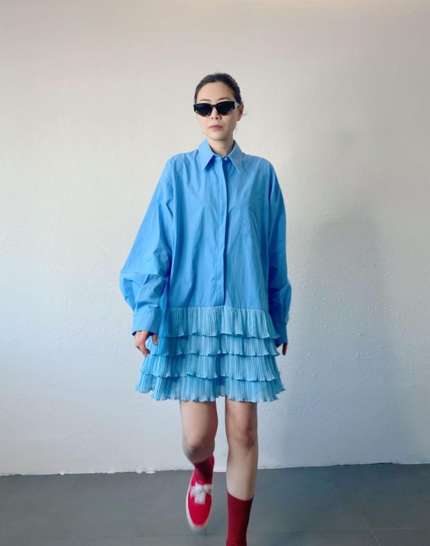 Blue Ruffle Shirt Dress #250225